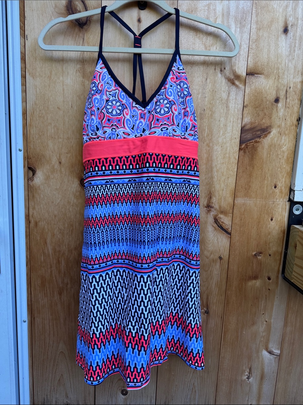 Gerry Neon Coral Blue White Patterned Swim Dress Sundress Coverup